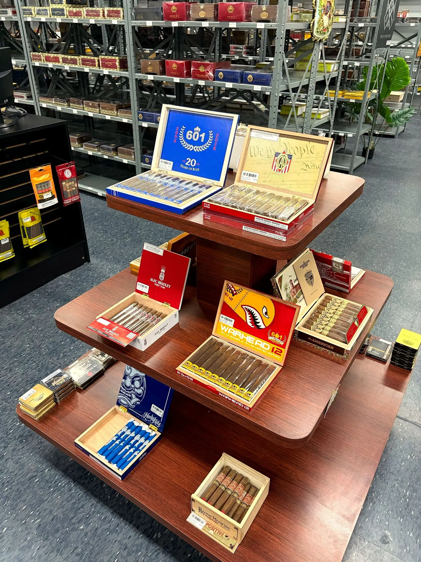 Tiered cigar display with Fuente boxes